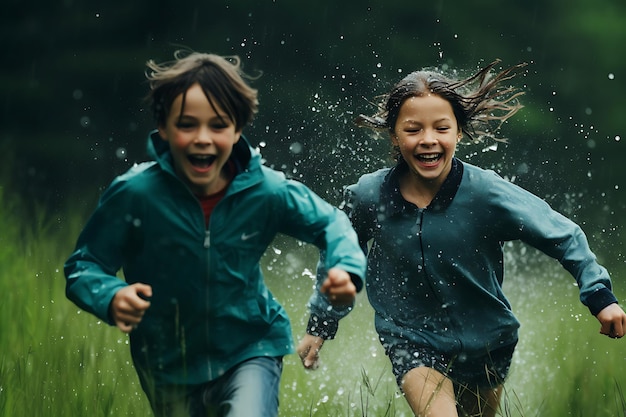 Foto crianças a correr através de sprinklers