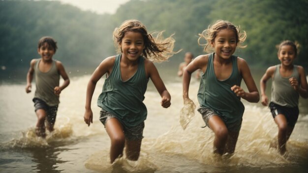 Crianças a correr na água.