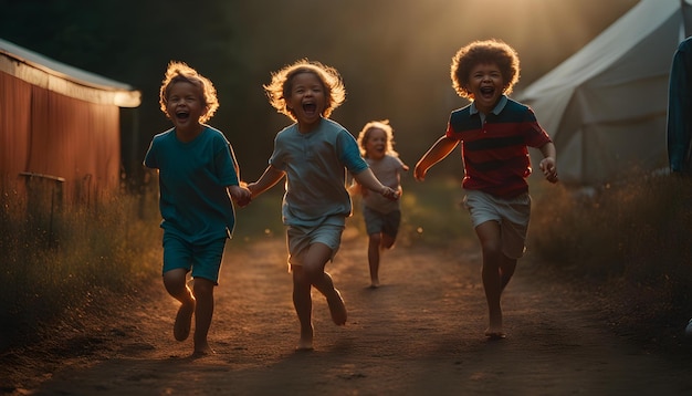 Crianças a correr na floresta com os braços erguidos e a rir.