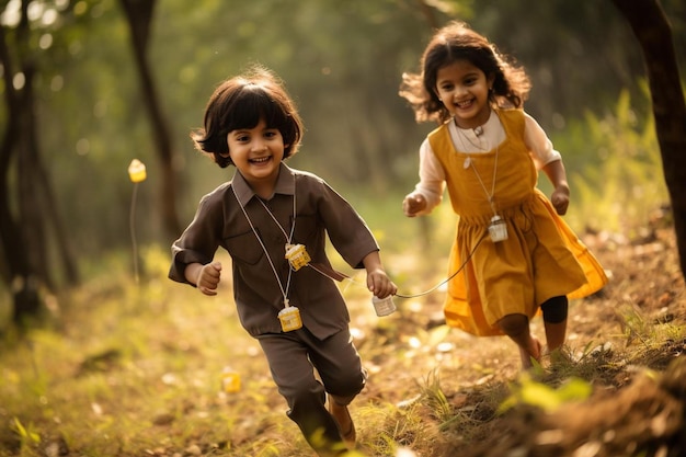 Crianças a correr numa floresta com um sorriso no rosto.