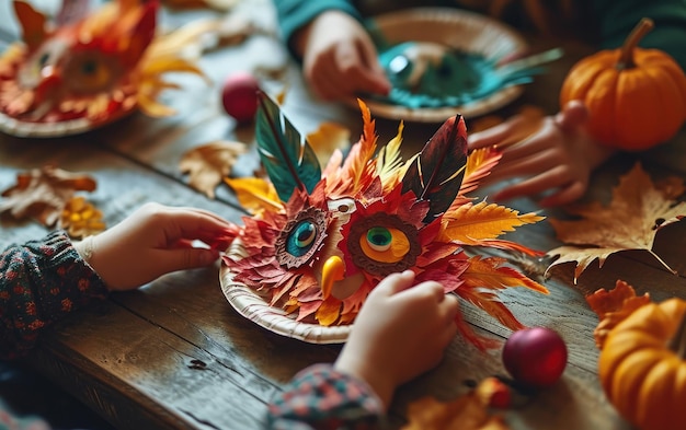 Foto crianças a fazer máscaras de papel.