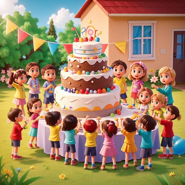 Crianças a festejar no quintal com muitas crianças felizes e um grande bolo