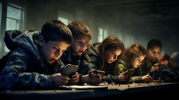 Crianças absorvidas em seus telefones celulares suas expressões vazias e como zumbis