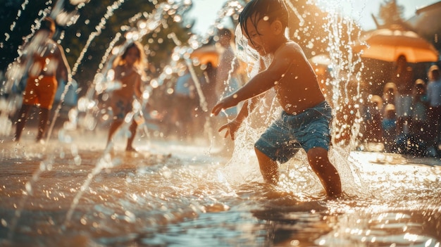 Crianças adoráveis brincando e salpicando água juntas no Festival de Songkran