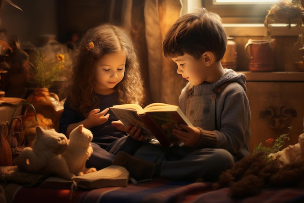 Crianças adoráveis imersas em aventuras de leitura dentro de casa AR 32