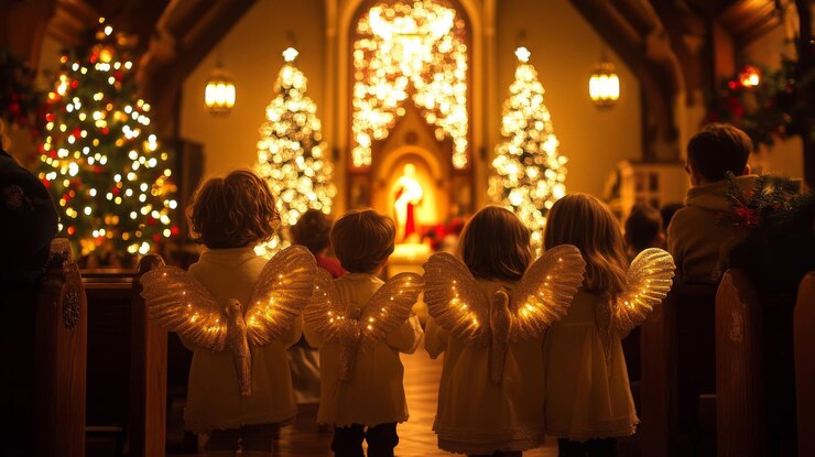 Foto crianças adornam o santuário da igreja de natal