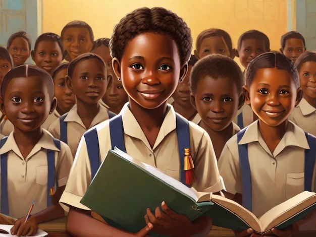 Crianças africanas de 39 anos sentadas nas mesas das escolas com o rosto sorridente