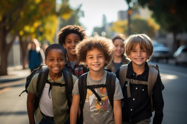 Crianças africanas e americanas meninos e colegas de classe educação escola primária amizade