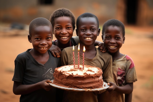 Crianças africanas segurando um bolo de aniversário para comemorar feliz aniversário