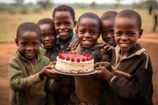 Crianças africanas segurando um bolo de aniversário para comemorar feliz aniversário