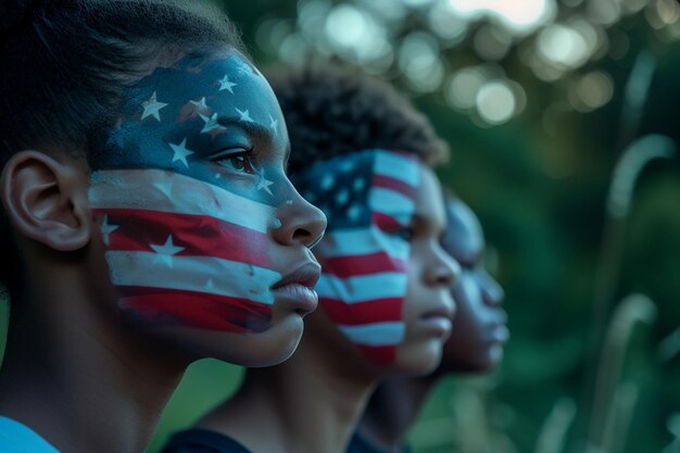 Crianças afro-americanas com uma bandeira pintada no rosto Foco seletivo