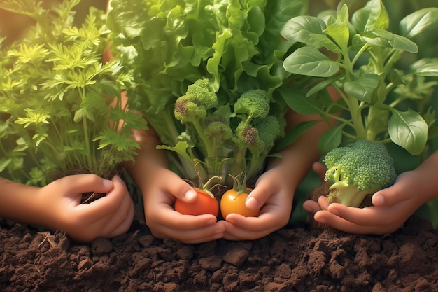 Crianças ajudam a plantar legumes no jardim da escola durante a aula de agricultura