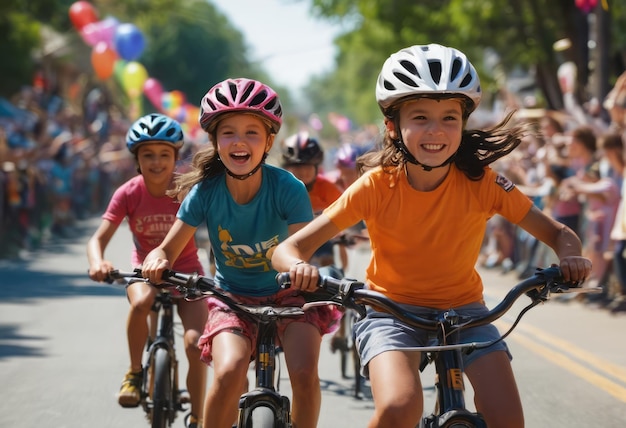 Foto crianças alegres andam de bicicleta em um desfile, balões vibrantes acrescentando à celebração.
