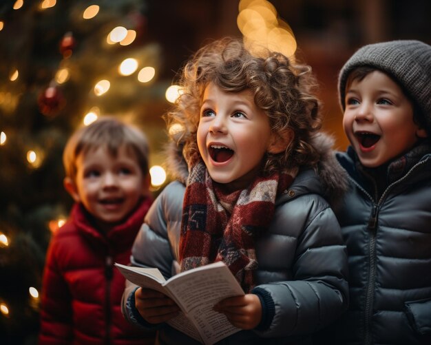 Crianças alegres cantam canções de Natal na rua