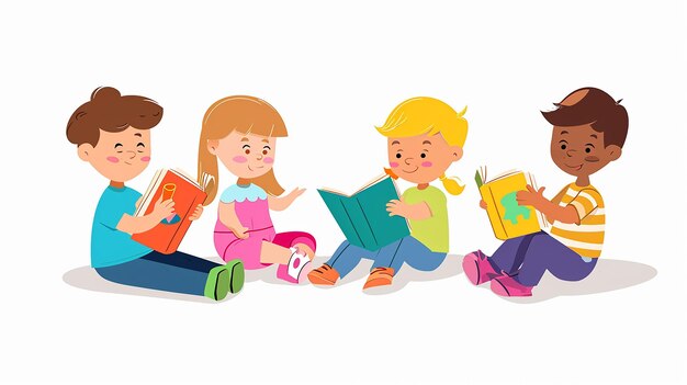 crianças alegres juntos ler livro e texto