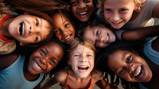 Crianças alegres rindo juntas em círculo ao ar livre