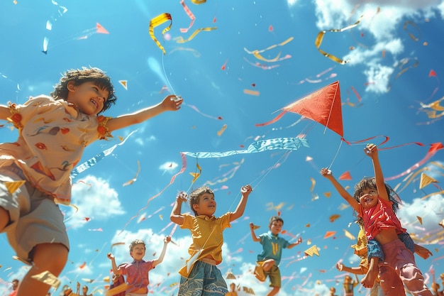 Foto crianças alegres voando papagaios em um dia de vento