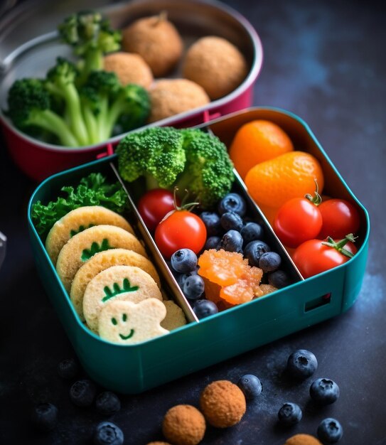 Foto crianças almoçam em uma caixa com biscoitos vegetais bagas na mesa