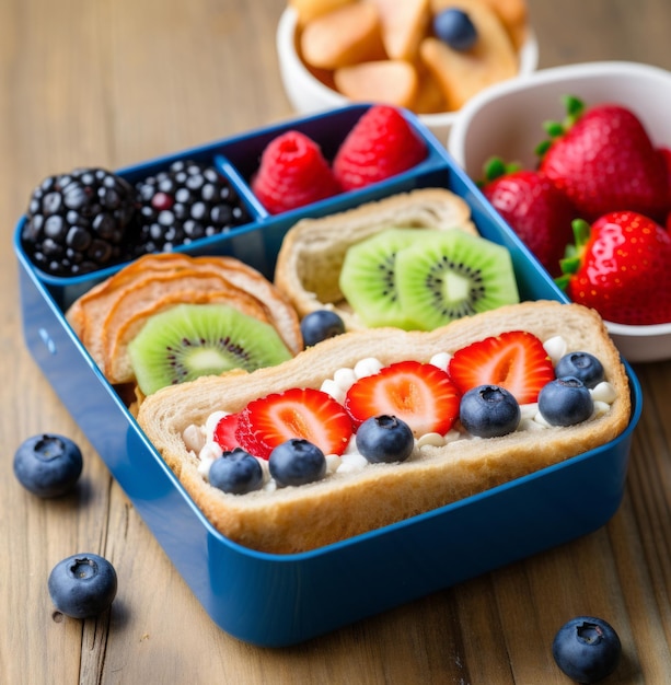 crianças almoçam em uma caixa pequena com sanduíche com frutas bagas nozes e kiwi para a escola primária