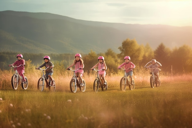 Crianças andando de bicicleta em um campo com um pôr do sol ao fundo