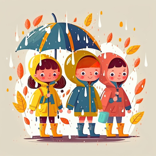 Crianças andando sob o guarda-chuva, meninos e meninas em roupas quentes com mochila Feito por IAInteligência artificial