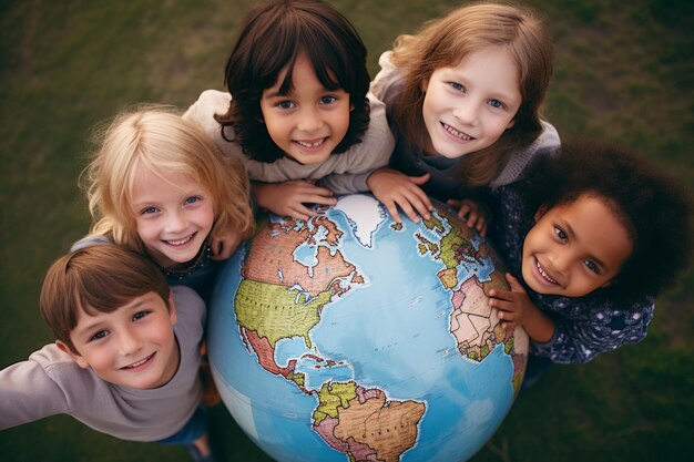 Foto crianças ao redor de uma foto de vista superior do globo