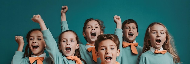 Crianças aplaudindo e celebrando no estúdio de fundo azul