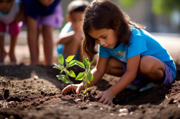 Foto crianças aprendendo sobre conservação de água plantando um jardim de chuva