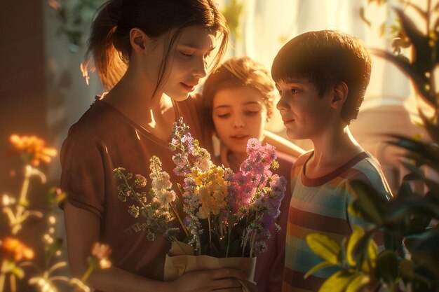 Crianças apresentando um buquê de flores artesanais para o