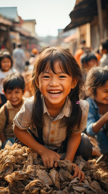 Crianças asiáticas a caminho das mochilas escolares super felizes se unindo imagem sincera