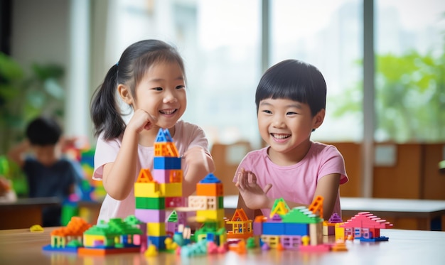 Crianças asiáticas criam estruturas coloridas com blocos de construção criatividade e brincadeira alegre
