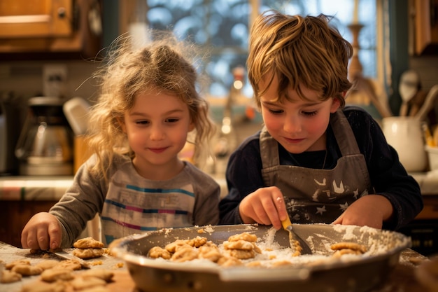 Crianças assando biscoitos juntos em uma cozinha
