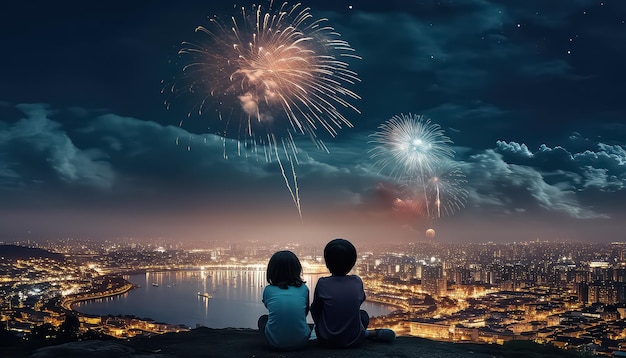Crianças assistindo fogos de artifício no fundo do conceito de Natal e Ano Novo da cidade