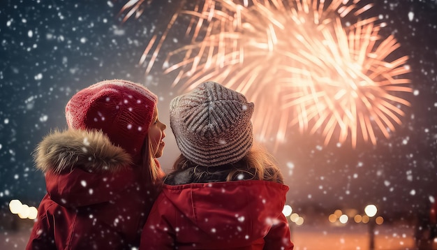 Crianças assistindo fogos de artifício no fundo do conceito de Natal e Ano Novo da cidade