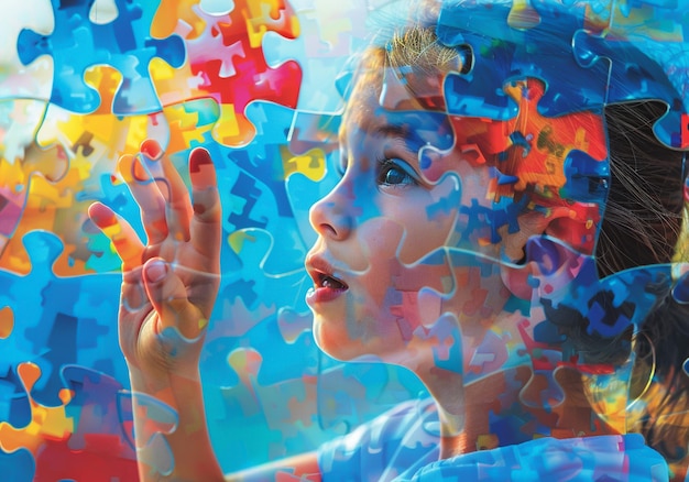 Crianças autistas em mãos em um fundo de quebra-cabeça com cores vibrantes Dia Mundial de Conscientização sobre o Autismo