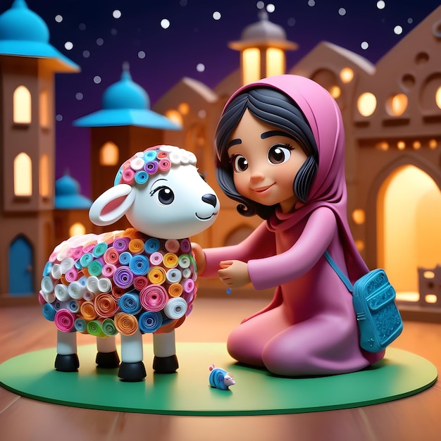 Crianças bonitas brincando com o bonito ovelha Eid