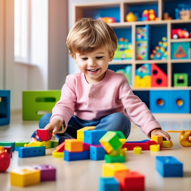 Crianças bonitas e crianças pequenas brincando com blocos e cores de construção LEGO