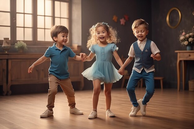 Foto crianças bonitas e felizes, rapaz e rapariga a dançar juntos.