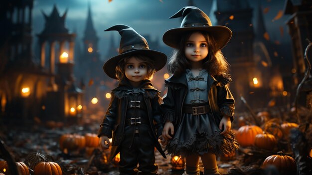 Foto crianças bonitas em vestido temático de halloween em fundo de luz de halloween ia generativa