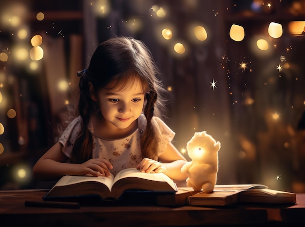 Crianças bonitas menina sorrindo e lendo livro na sala de estar casa iluminação noturna IA geradora