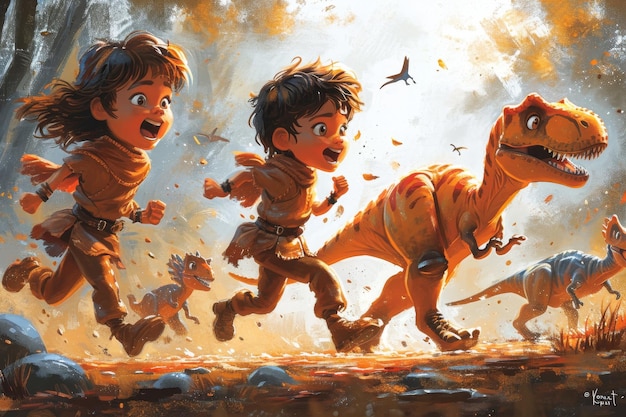 Crianças brincam e correm com dinossauros Ilustração