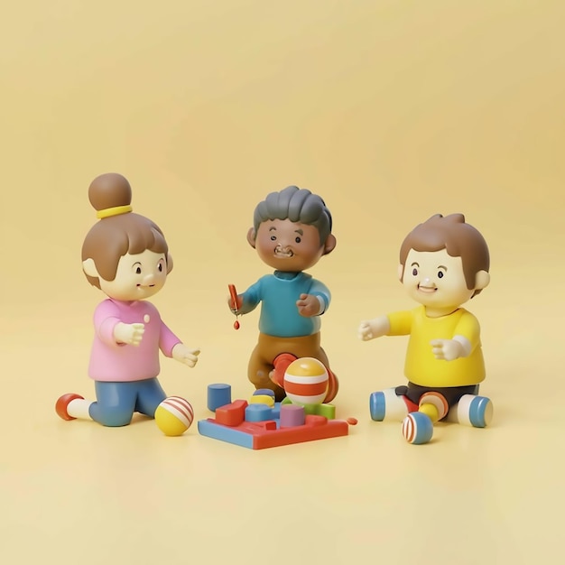 crianças brincando com brinquedos em um dia de saída renderizado em 3D