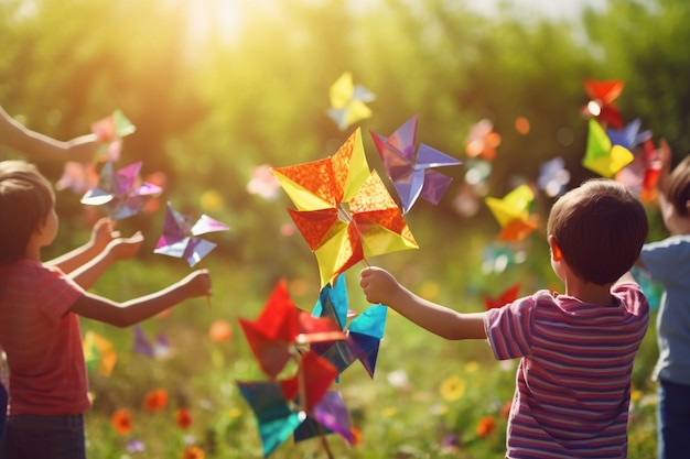 Crianças brincando com cata-ventos coloridos em um dia ventoso Dia das Crianças