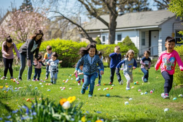 Crianças brincando com ovos de Páscoa no prado gramado