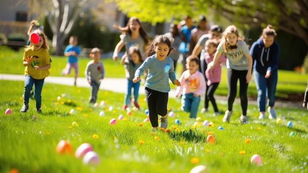 Crianças brincando com ovos de Páscoa no prado gramado