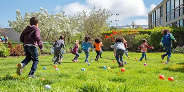 Crianças brincando com ovos de Páscoa no prado gramado