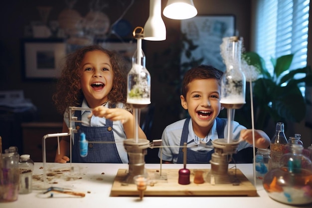 Crianças brincando com um brinquedo montado em uma sala com muitos objetos.