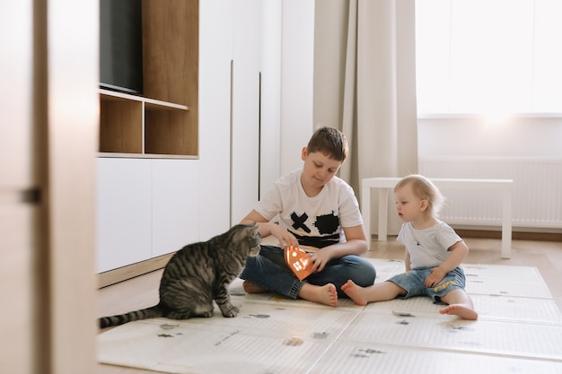 Crianças brincando com um gato em casa irmão e irmã se divertindo juntos