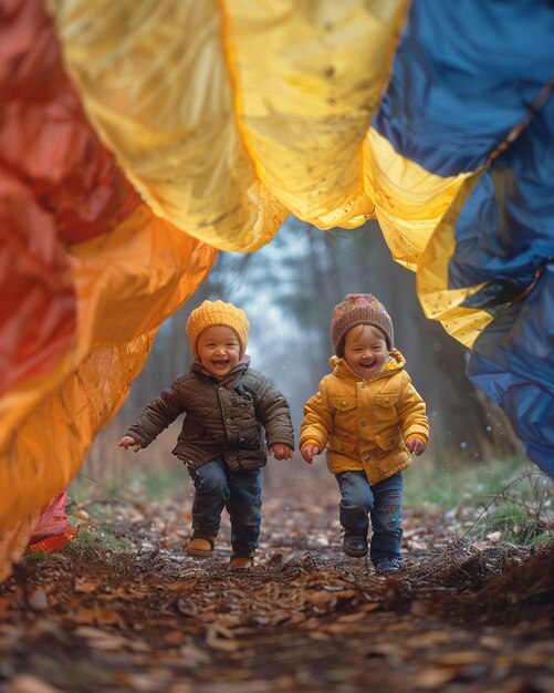 Foto crianças brincando com um papel de parede de pára-quedas gigante