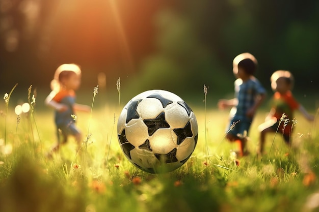 Crianças brincando com uma bola de futebol em um campo gramado Brinquedos do dia das crianças